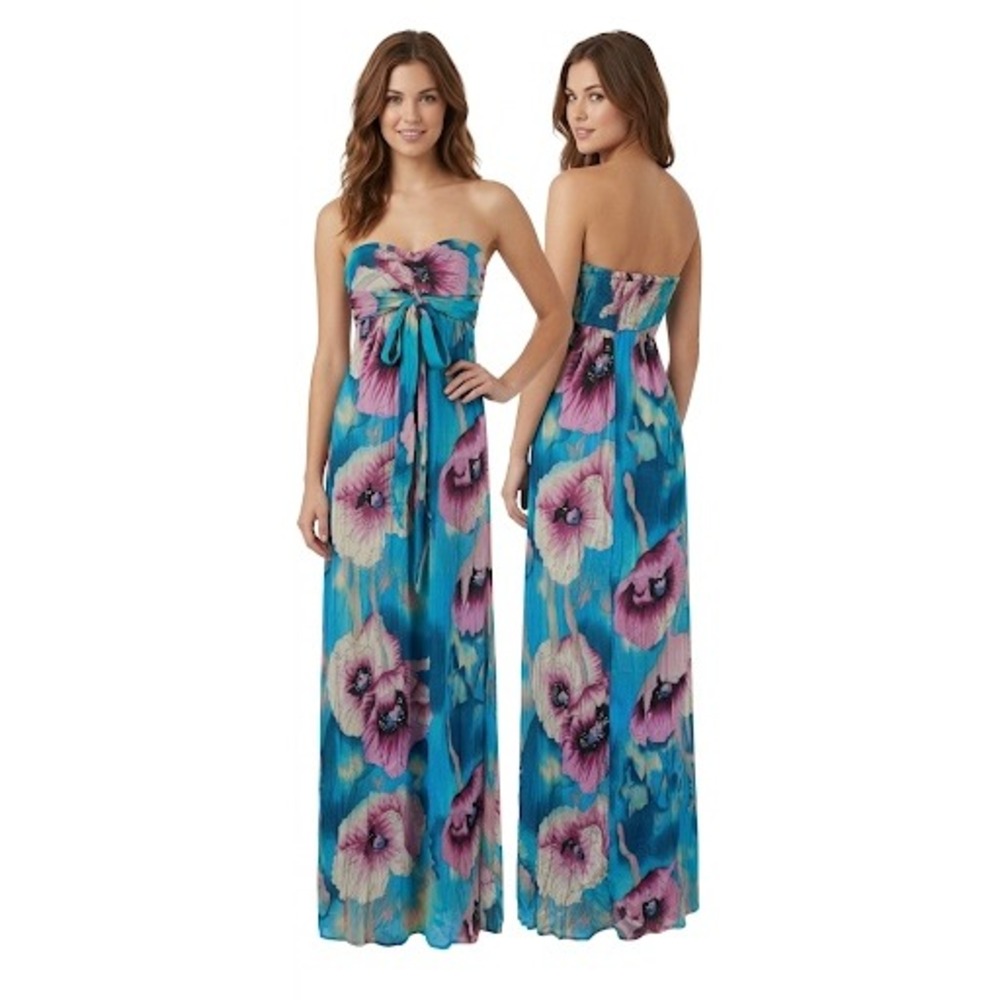 Xhilaration Teal Blue Floral Strapless Maxi Dress Purple Pink Boho Smocked SZMED